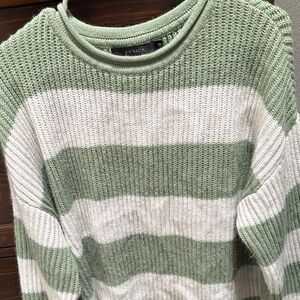 Green and Whote Striped Knit Sweater